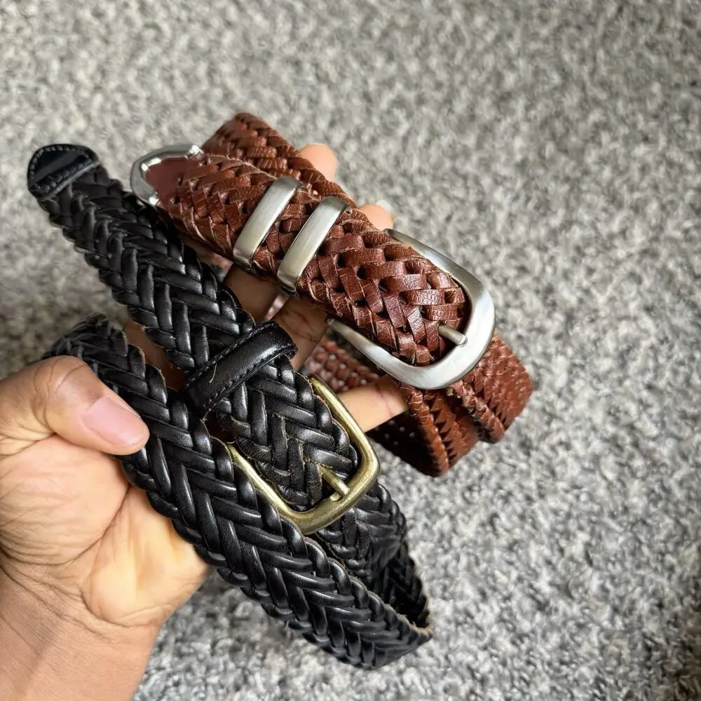 Vtg Brown Black Braided Belt Lot Woven Leather Belt Gold Silver Plate Buckle 42